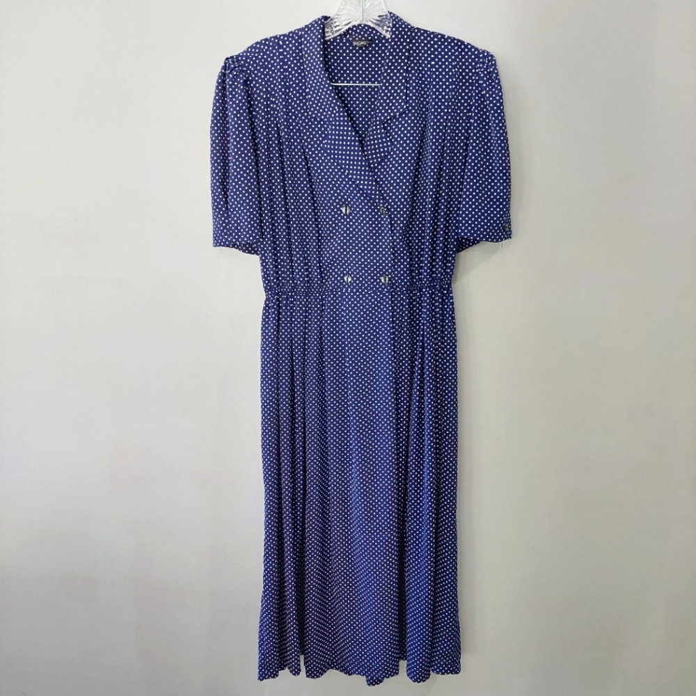 Rokoko Vintage Dress blue white polkadot faux wrap Maxi collared short sleeve